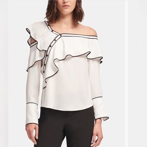 DKNY Ruffle Cut Out Off One Shoulder Top White Black Trim Medium